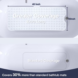 Naoloture Extra Long Clear Bathtub Mat Non Slip, Soft Bath Mat for Tub 40 x 16 Inch Full Size, Bath Tub Shower Mats for Bathroom Floor with Big Suction Cups and Drain Holes, Easy Washable, BPA Free