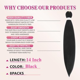 Braiding Hair Pre Stretched 14 Inch 8 Packs Pre Stretched Braiding Hair For Braiding For Soft Locs Hot Water Setting Soft Yaki Texture Easy To Twist(14Inch,1B)