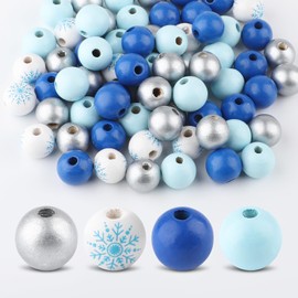 80 PCS Wooden Beads for Craft, 16mm Christmas Wood Beads Snowflake Craft Bead Blue White Wood Beads for Xmas Tree Hanging Decoration Winter Holiday Garland Making DIY Craft Supplies(Style 3)