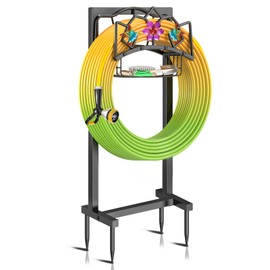 Gouisalin Garden Hose Holder, Heavy Duty Metal Water Hose Holder with Storage Basket, Freestanding Hose Stand Hanger, Sturdy Hoses Storage Rack 150-feet for Outside Yard Lawn