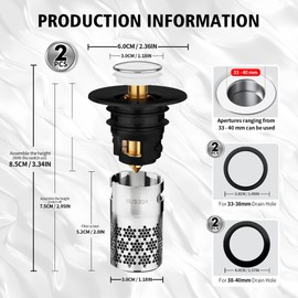 Upgraded Bathroom Sink Plug, 304 Stainless Steel Pop Up Drain Strainer, Metal Drain Plug, Universal, Sink Plug, with Filter Strainer, Drain Plug for Bathroom, Sink and Kitchen, Black (33-40 mm), Pack