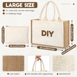 Sweetude 4 Set Jute Burlap Tote Bag with Makeup Bags Include 4 Pcs 12.6 x 8.5 Inch Jute Tote Gift Bags with Handles 4 Pcs Canvas Zipper Pouch Reusable DIY Craft Blank Bags for Wedding Bridesmaid