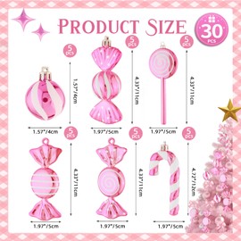 Lanpn 30 Pcs Candy Cane Christmas Decorations, Peppermint Candies Xmas Tree Ornaments, Mini Pink White Lollipop Candy Canes, Plastic Crutch Pendant Hanging Decor for Candyland Holiday Indoor Outdoor