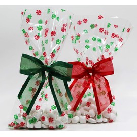 Saybrook Products Christmas Dog Paw Print Holiday Cellophane Treat Party Favor Bags with Twist-Tie Organza Bow. Set of 10 Ready-to-Use, Gussetted 11x5x3 Goodie Bags with Red & Green Bows.
