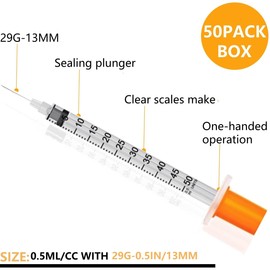 1cc 1ml 30Gauge 1/2inch(13mm) Disposable Dispensing Lab Supplies Individually Sealed Packaging, 50 Pack