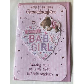 Happy 1st Birthday Granddaughter Adorable Baby Girl Birthday Card Granddaughter's First 1st Age 1 One Birthday Pink-Teddy/Heart 3D/Foil Detail(PRELUDE49758)