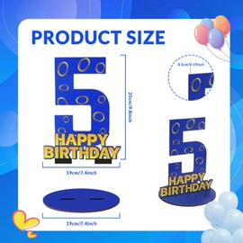 Blue Gold Number 5 Birthday Sign Centerpiece, Wooden 5th Number Stand Sign for Boy Girl Kids 5th Birthday Party Decorations