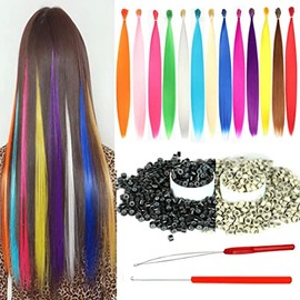 Extensiones de cabello sintético de color para mujer, extensiones de pelo de 20 pulgadas con 100 cuentas de microenlace de silicona y 2 ganchos de gan