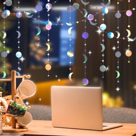 Plstod 52 ft Hanging Paper Garlands Decoration, Colourful Glitter Paper Circle Star Garland, 4 Pieces, 4 m Iridescent Star Moon Party Garland, for Birthdays, Carnival, Anniversaries, Weddings