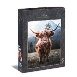 Ulmer Puzzleschmiede Highland Animal Jigsaw Puzzle, Classic 1000 Piece Jigsaw, Powerful Highland Cow in a Pasture in Front of a Frosty Alpine Backdrop