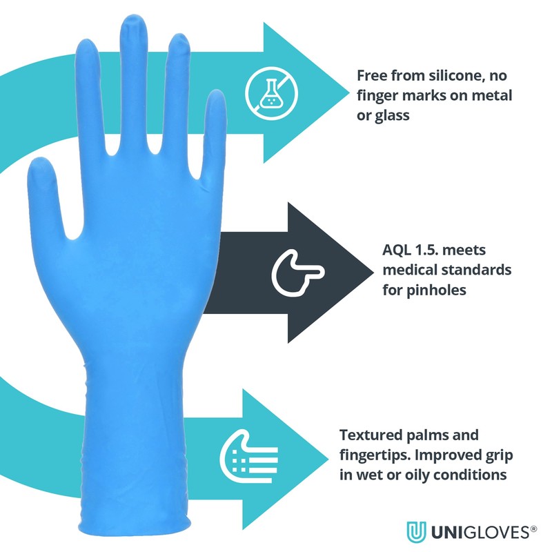 UNIGLOVES PRO.TECT Blue Nitrile Disposable Gloves, Extended Cuff, Nitrile Gloves,