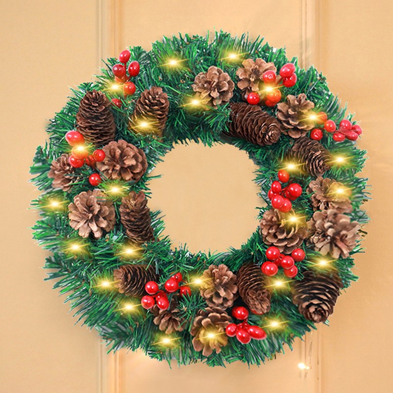 LED Christmas Wreath With Battery Powered String Light Pine Cones