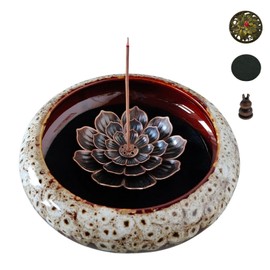 KOPYFANTAP Lotus Incense Holder, Ceramic Incense Burner with Brass Calabash Incense Holder and Metal Cover, Easy to Collect and Clean, White