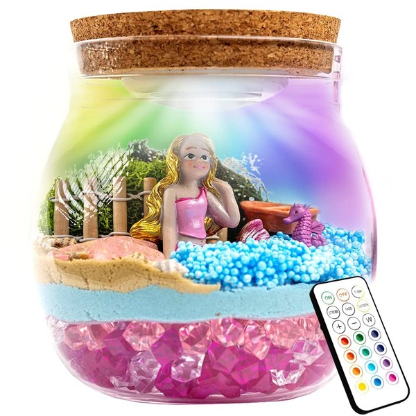 MAKE IT UP Terrarium Sand Art Arts and Crafts Kit for Kids LED Night Light Up & Remote Mermaid Birthday Gifts Toys for Boys Ages 4 5 6 7 8 9 10 Year Old