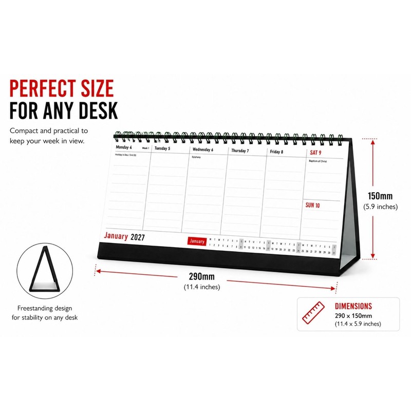 2027 Desktop Weekly Planner Calendar - Week To View Freestanding