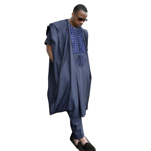 HD Conjunto de ropa familiar africana a juego con diseño de agbada nigeriana, 3 piezas, bordado Dashiki para papá e hijo, Azul-75, X-Large