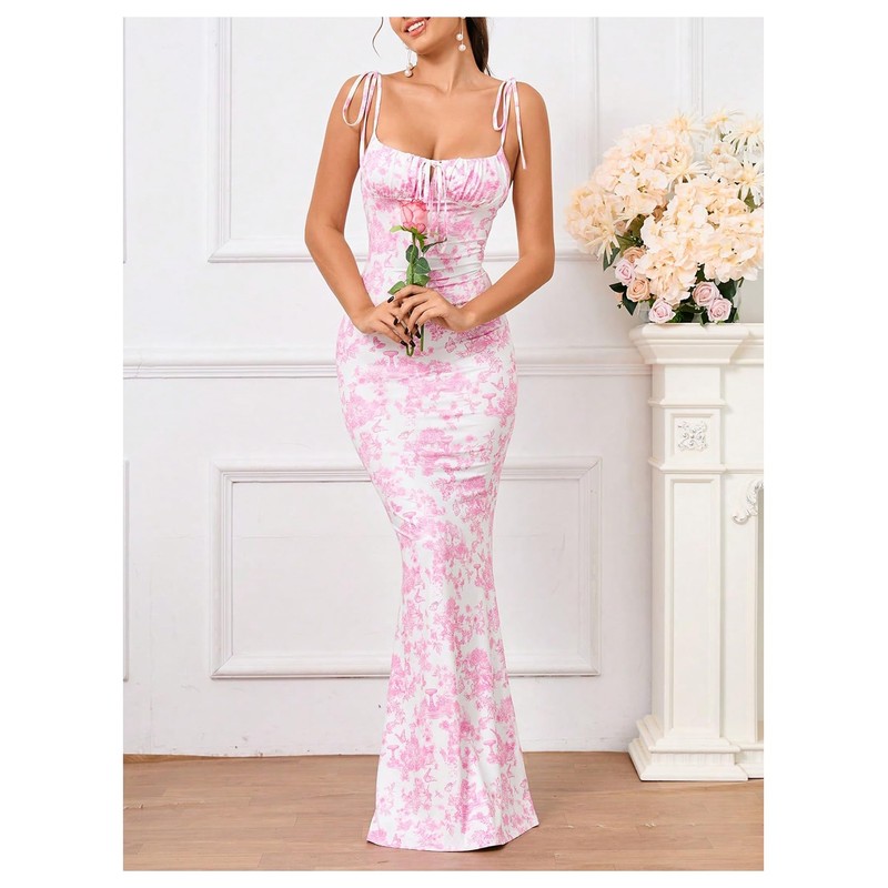 Milumia Women's Floral Tie Shoulder Maxi Dress Elegant Ruched Bust