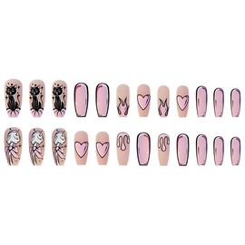 Pikabows Press on Nails Fake Nails Comic Matte Cartoon Heart Acrylic False Nail Tips Kit Glue on Nails for Women