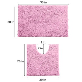 LuxUrux Pink Bathroom Rugs Luxury Chenille 2-Piece Bath Mat Set, Soft Plush Anti-Slip Bath Rug +Toilet Mat.1'' Microfiber Shaggy Carpet, Super Absorbent (Curved Set, Pink)