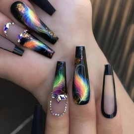 Rchovsam Black Press on Nails Long Coffin False Nails Colorful feathers with Diamond Design Gold Glitter Glue on Nails Acrylic Arificial Full Cover Press Ons for Womens 24pcs