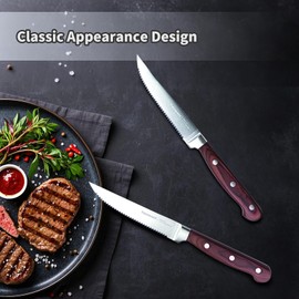Hausavant Steak Knives Set of 6, German High Carbon Stainless Steel Steak Knives, 4.8 Inch Serrated Steak Knife with Wood Handle, Dinner Knives Set with Gift Box