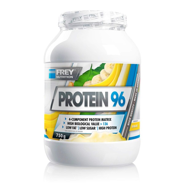 FREY Nutrition Protein 96 (Banana, 750 g) Ideal for Carbohydrate-Reduced Diet Phases and as a Snack - High Casein Content - Low Carb - Made in Germany