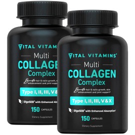 Vital Vitamins Multi Collagen Pills for Women & Men (2-Pack) - Hydrolyzed Collagen Peptides - Type I, II, III, V, X - Grass Fed, Non-GMO