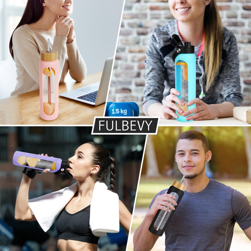 FULBEVY 25 oz Glass Water Bottles - Motivational Tumbler With