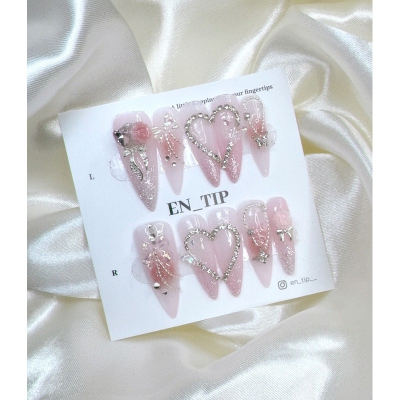 Rose Jewel Heart Handmade Nail Tips - Long Stiletto /