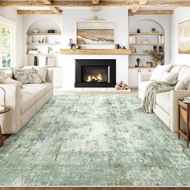 WondRg 8x10 Washable Area Rug Green Modern Neutral Abstract Living Room Bedroom Indoor Floor Carpet Low Pile Soft Non-Slip Lightweight Vacuumable Large Throw Rug for Nursery Dining Room