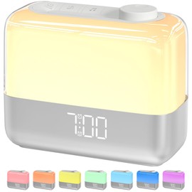 MeesMeek Digital Alarm Clock for Bedroom: Sunrise Wake-up Light, 8 Color Night Light, Dual Loud Alarms for Heavy Sleepers, 9-Mins Snooze, 6 Sounds, 7 Volume, Rechargeable 2000mAh Battery (Silver)