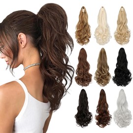 FELENDY 18" Ponytail Extension Small Claw Clip Curly Ponytail Hair Extensions Jaw Clips Long Wavy Pony tail Hairpiece for Women Synthetic Dark Brown Mix Ash Blonde