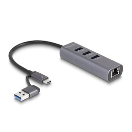 DeLOCK 3 Port USB 5 Gbps Hub + Gigabit LAN with USB Type-C or USB Type-A connector in metal case