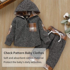 TMEOG Baby Clothing Sets Infant Toddler Boys Girls Sweatshirt Set Winter Fall Clothes Outfit 0-3 Years Old,Baby Plaid Hooded Long Sleeve Tops+Pants (Khaki, 6-12 Months)