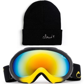 Kids Boys Girls Snow Goggles Anti-Fog Dual Lens UV400 Snowboarding Black Yellow with Beanie Hat
