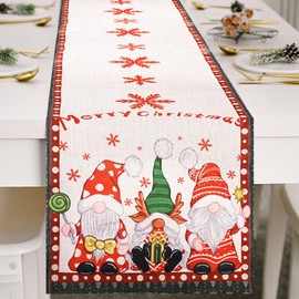 Bekecidi Christmas Table Runners, Santa Claus Reindeer Gnome Table Runner Long Tablecloth linen Xmas Table Cloth Festive Table Runner Christmas Table Decorations for Dining Home Party Decor (180x33CM)