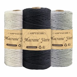 Macrame Yarn 3 mm x 100 m, 3 Pieces Macrame Cotton Yarn, Cotton Cord, Natural Craft Cord, Macrame Accessories for DIY Crafts, Knitting, Boho Wall Hanging Decoration, Dream Catcher (Black + Beige +
