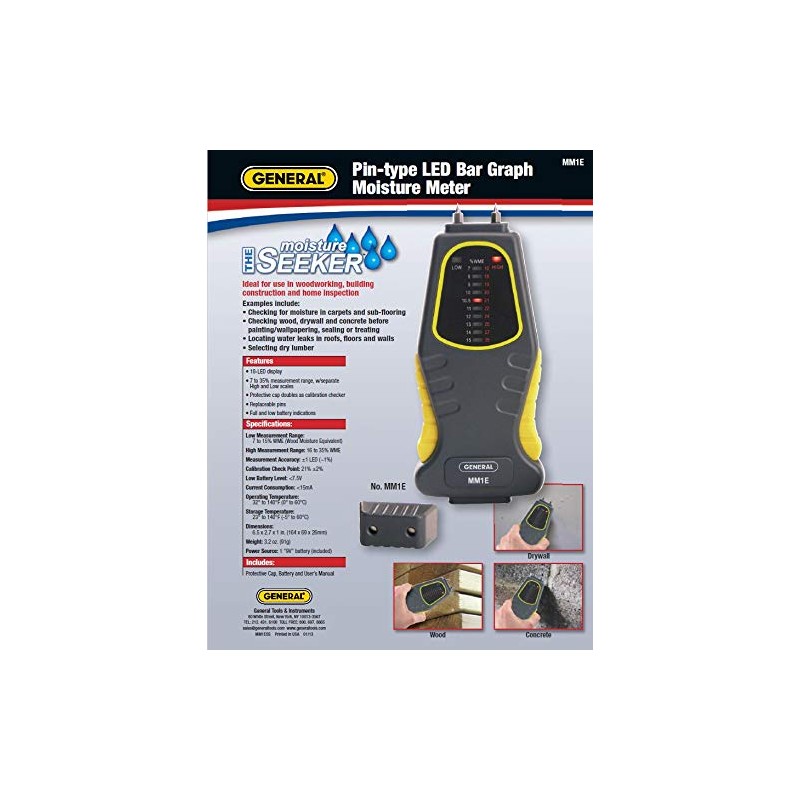 General Tools MM1E Moisture Meter, Pin Type, LED Bar Graph