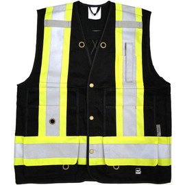 Viking Men's Open Road Surveyor Safety Vest - Class 2 Reflective Polyester Twill with 14” Zippered Pack on Back, Plentiful Pockets, Black - 4X-Large