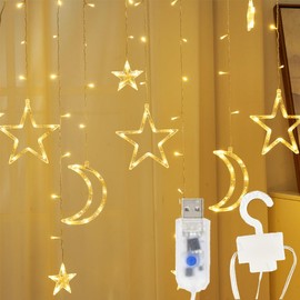 ALFEUND 138 Led Curtain String Light Star Moon Icicle Light with 8 Lighting Modes with Timer Remote USB Operated Dimmable Fairy String for Window Wall Home Decoration