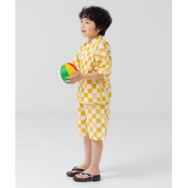 chil2 Children's Jinbei Set, Kids Baby Clothes, Top and Bottom Set, Yukata, Boy, Japanese Pattern, Checkered Pattern, Monotone, Rice Ball Dinosaur, 90, 100, 110, 120, 130, 140, 150cm, a