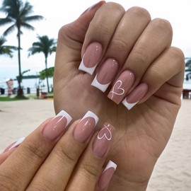 24-Piece Set of Long Square French False Nails with Glossy Full Coverage - Includes Gel Nail Glue - Press On Style for Women and Girls - French Heart Design