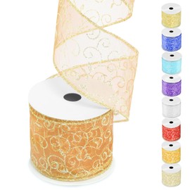 Wokape 1 Roll 2.5 Inch x 10 Yard Glitter Mesh Wired Ribbon Indoor Christmas Ribbon Organza Glitter Swirl Wired Ribbon for Christmas Home Decor, Bow Making, Wreath, DIY Crafts, Wedding (Orange)