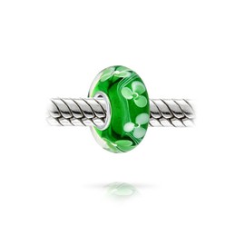 Women Lucky Clover Shamrock Flower Bead Charm Green Murano Glass .925 Sterling Silver Bead European Charm Bracelet
