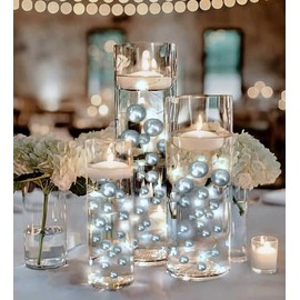50 Floating Silver Pearls - Fills 1 GL - Shiny Jumbo Sizes + Must Have Transparent Gels Kit for The Floating Effect - Fascinating Centerpiece Vase Decorations