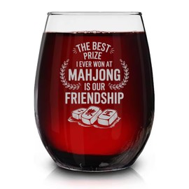 Lerime66 The Best Prize I Ever Wom Mahjong Is Our Friendship Engraved Stemless Wine Glass - Funny Mahjong Gifts - Gifts For Women Friends Mahjong Players