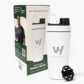 VitaHustle Stainless Steel Shaker Cup with Twist Off Cap, Leakproof, Blender Ball, Perfect for Protein Shakes or Post Workout, Fits Car Cup Holder, BPA Free, 20 oz (White)