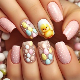 Easter Press on Nails Spring Fake Nails Easter Cute Chick Egg Polka Dot Design Short Square False Nails Cute Press on Stick on Nails Artificial Nails for Women Manicure Easter Eggs 24Pcs