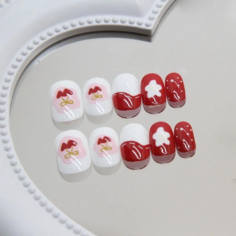 Ztcily Künstliche Nägel für Kinder, kurze rote Nägel mit Kleber,
