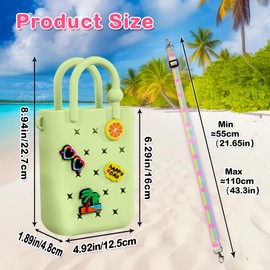 Oudizz Mini Rubber Tote Bag, Silicone Beach Tote for Little Girl & Woman, Cute Bag with 20 Charms & Adjustable Shoulder Strap (Apple Green)